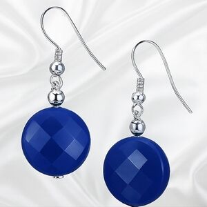 Silver Blue Faceted Gemstone Drop Earrings - Fishhook Women's Fashion Jewelry